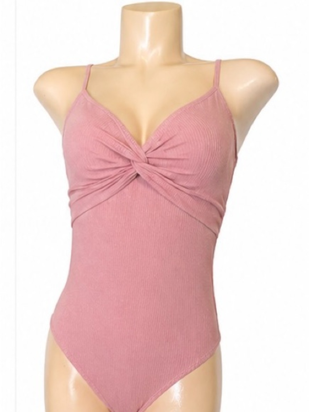 SHEIN Dusty Pink Ribbed Twist Front Bodysuit | Size M | Fitted Stretch Cami Top